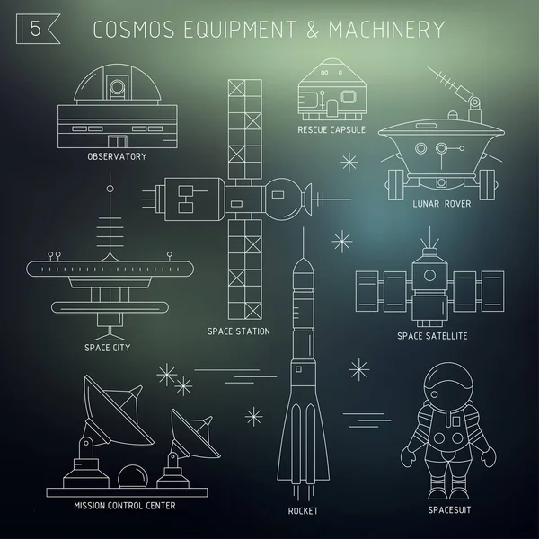 Vector Set Van Ruimtevaartmaterieel Machines Sterrenwacht Redding Capsule Lunar Rover — Stockvector