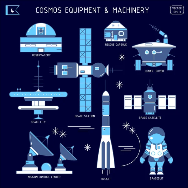 Conjunto Vetores Equipamentos Espaciais Máquinas Observatório Cápsula Resgate Rover Lunar — Vetor de Stock