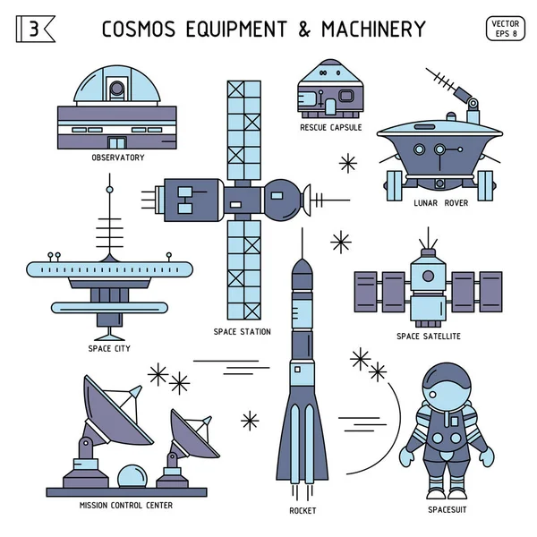 Conjunto Línea Delgada Vectorial Equipo Cosmos Maquinaria Observatorio Cápsula Rescate — Archivo Imágenes Vectoriales