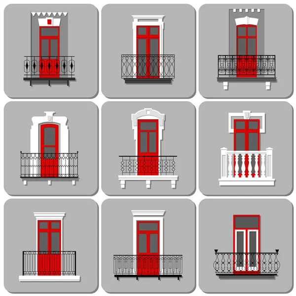 Conjunto Vectorial Balcones Forjados Decorativos Vintage Planos Con Puertas Rojas — Vector de stock