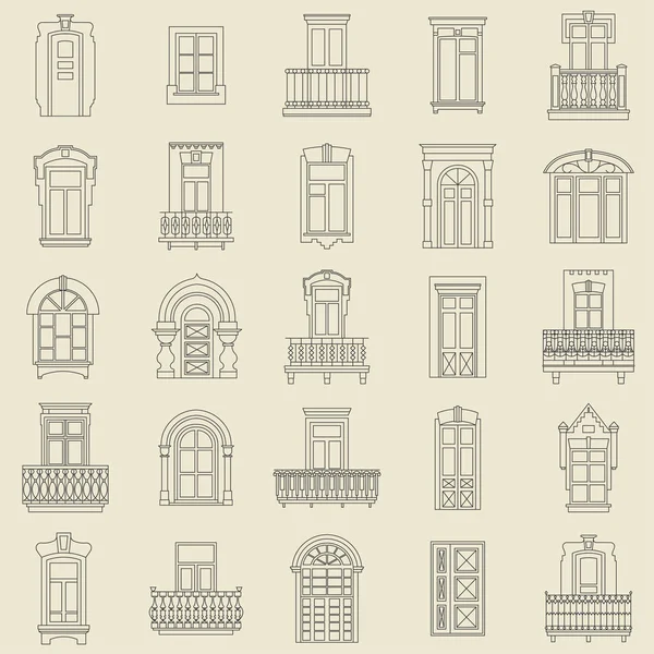 Vintage Dekoratif Kapılar Pencereler Balkon Beyaz Arka Planda Siyah Ince — Stok Vektör