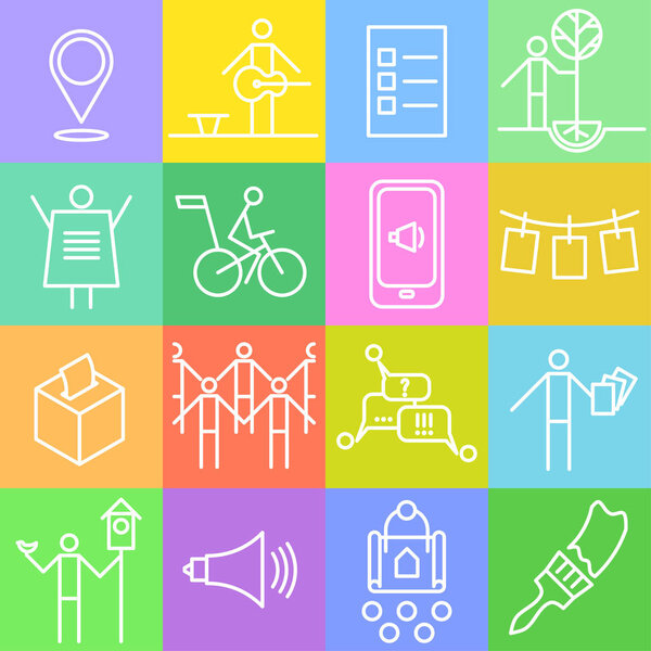 Набор тонкой линии квадратные иконы на тему городских инициатив, социальных движений, агитации и пропаганды
.