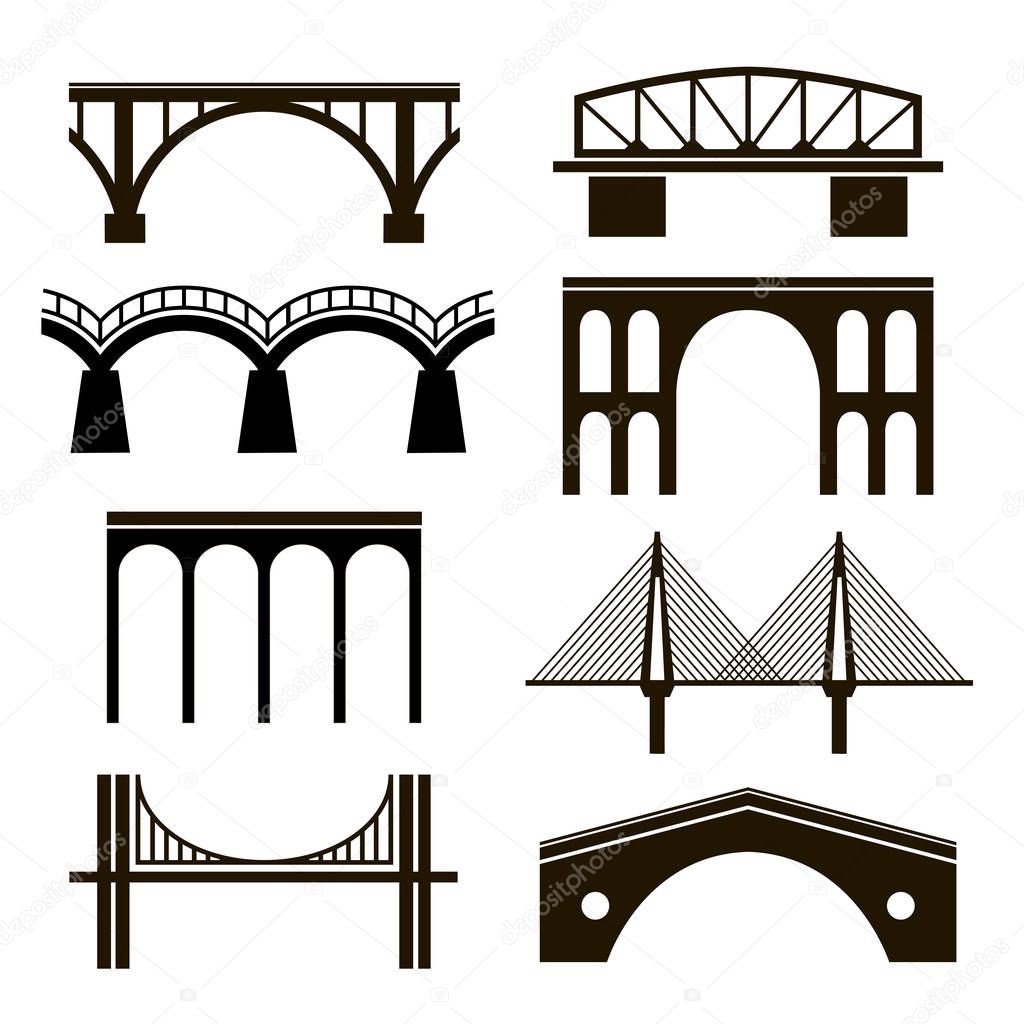 Set of eight stylized images of bridges. Black silhouettes of bridges of different styles on a white background. arch, cable-stayed, hanging, rail bridges, viaduct.