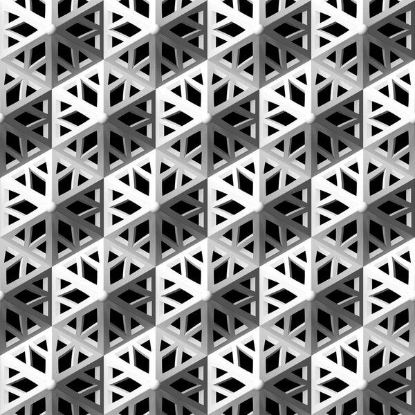 3d illustration. Seamless 3d texture based on geometric patterns: snowflake, hexagon, rhombus of different brightness. Black background.