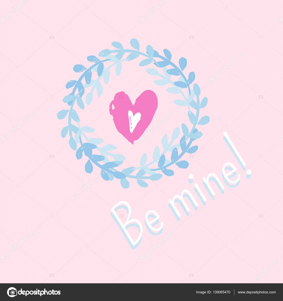 Illustrazione vettoriale di San Valentino Disegnata da mano e cuore corona di foglie Colori rosa e blu Essere il mio — Vettoriali di radionastya