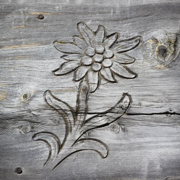 Houten plank met edelweiss vormige uitgesneden — Stockfoto