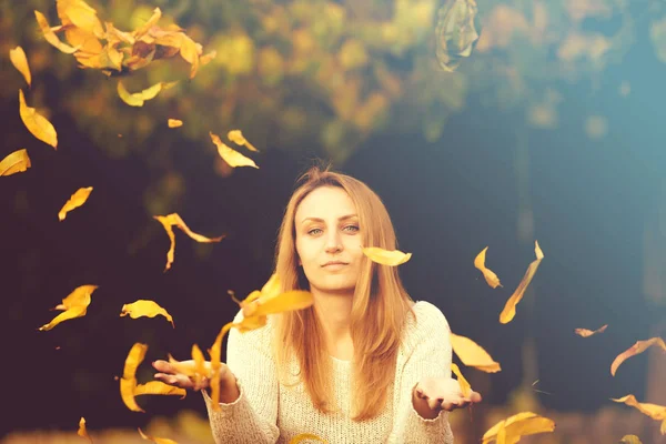 Молодая Женщина Играет Осенними Листьями — стоковое фото