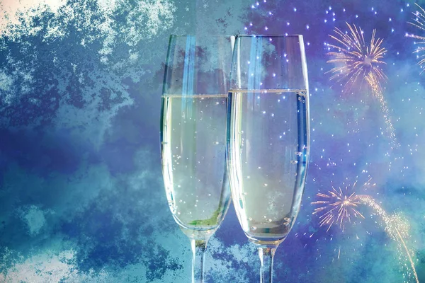 Nouvel Verres Champagne Feux Artifice Fond — Photo