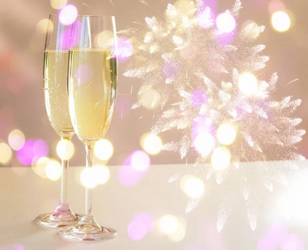 Nouvel Verres Champagne Feux Artifice Fond — Photo