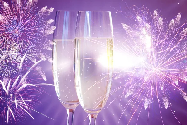 Nouvel Verres Champagne Feux Artifice Fond — Photo