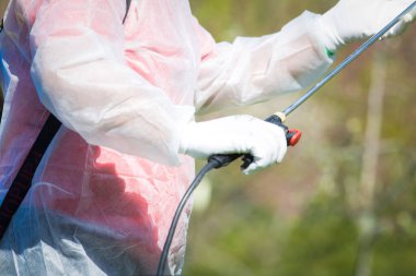 Coronavirus dezenfeksiyonu. Kamu parkında dezenfekte yapan tehlikeli madde işçisi