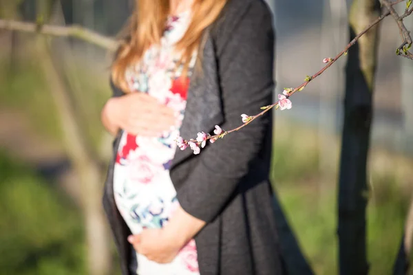 Młoda Kobieta Ciąży Wiosennym Tle — Zdjęcie stockowe