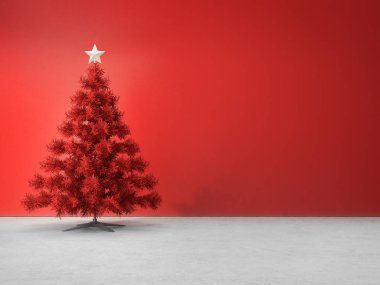 Kırmızı Oda 3d render üzerinde kırmızı Noel ağacı süsle