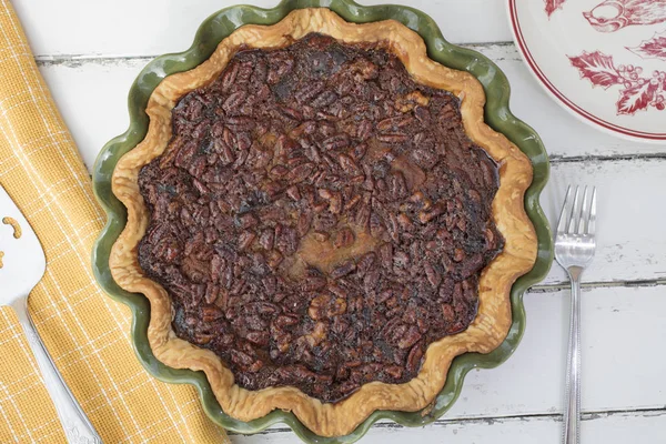 Pumpkin Pecan Walnut Pie Baked in a Green Ceramic Dish — Stock Photo, Image