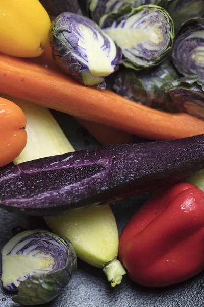 Mixed purple Brussels Spouts, colorful veggies