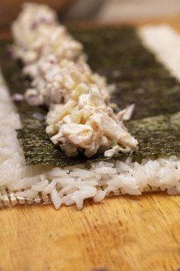 Şef, dışarıdan nasıl suşi yapılacağını gösteriyor.