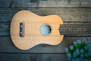 Ukulele ve ahşap zemin üzerine çiçek