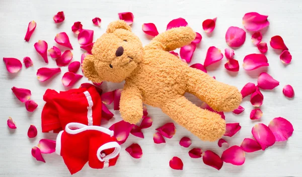 Lustiges Bild von Teddybär nackt auf Rosen. Valentin-Hintergrund. — Stockfoto