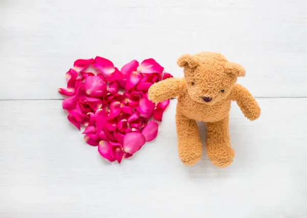 teddy bear and pink petals heart shape on white wooden background. Valentine background.