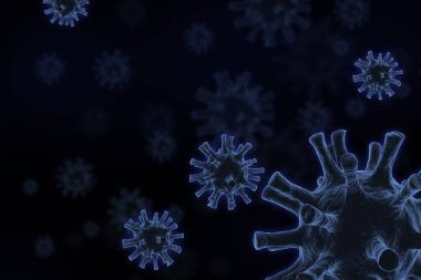 Coronavirus 2019 veya COVID-19 virüs hastalığı. Arka plan 3 boyutlu illüstrasyon. Tehlikeli grip türü mikroskop virüsü.