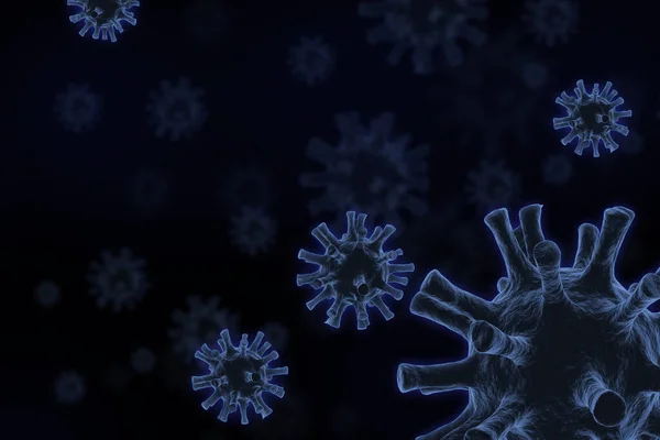 Coronavirus 2019 veya COVID-19 virüs hastalığı. Arka plan 3 boyutlu illüstrasyon. Tehlikeli grip türü mikroskop virüsü.