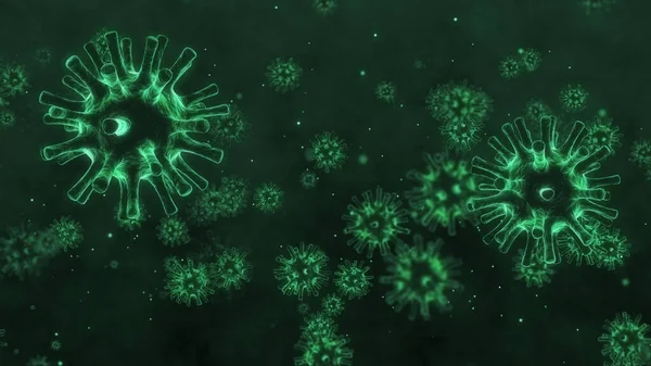 コロナウイルス2019またはCovid 19コロナウイルス疾患細菌医学的背景危険なインフルエンザ株パンデミック顕微鏡ウイルス閉じる 3Dイラスト — ストック写真