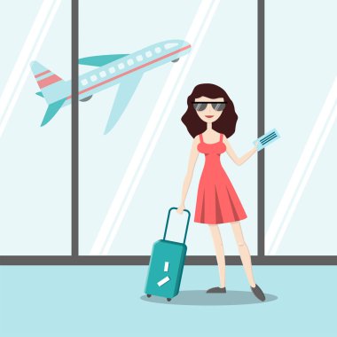 Havaalanında bavul ile genç çekici kız