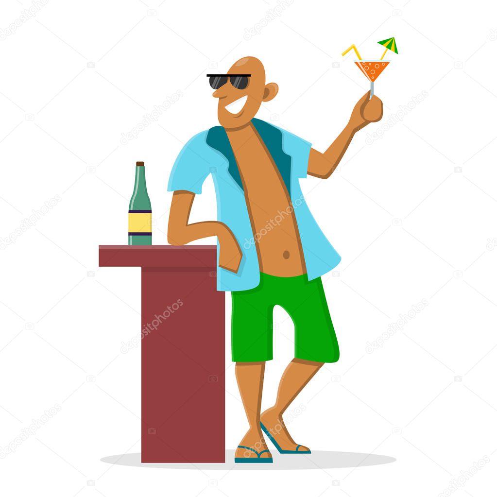 Happy bald man drinking an alcohol beverage at the beach