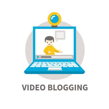 Videoblogger dizüstü bilgisayar ekranında. Vektör düz çizim.