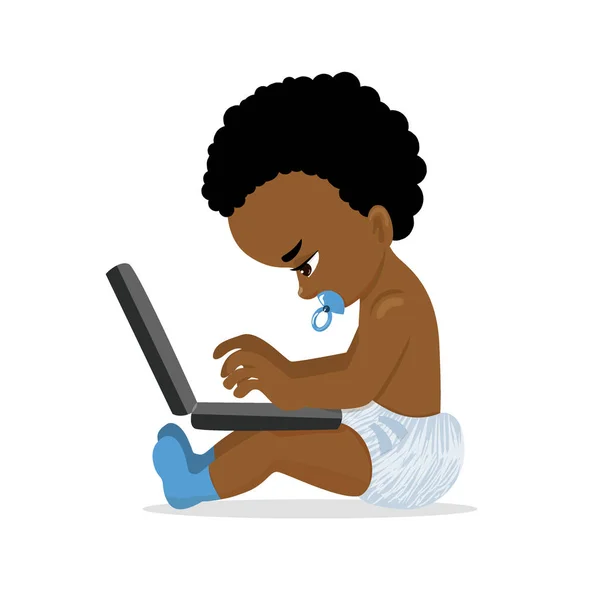 Un niño africano con computadora — Vector de stock