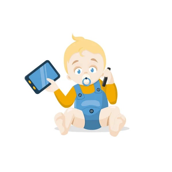 Un niño pequeño con tableta y teléfono — Vector de stock