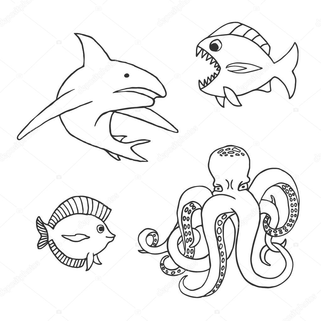 Marine animals character - shark, fish and octopus