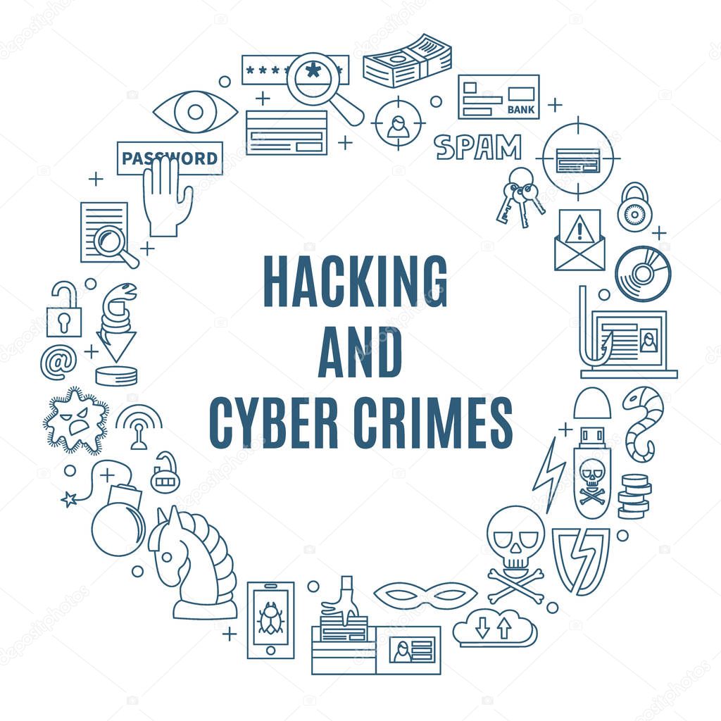 Hacking and cyber crimes round vector illustration