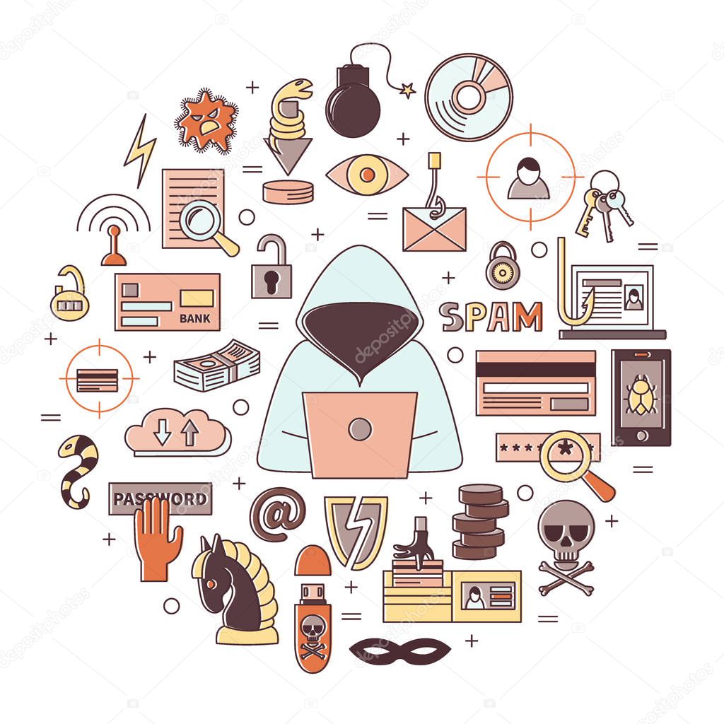 Hacking and cyber crimes round vector illustration