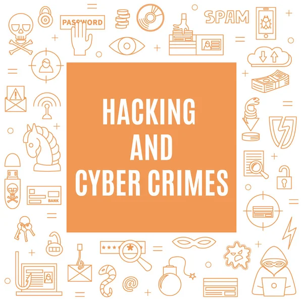 Plantilla vectorial con iconos de hacking y delitos cibernéticos — Archivo Imágenes Vectoriales