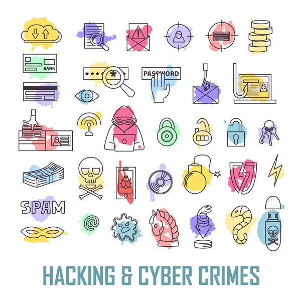 Lineare Symbole von Computerkriminalität und Hacking — Stockvektor