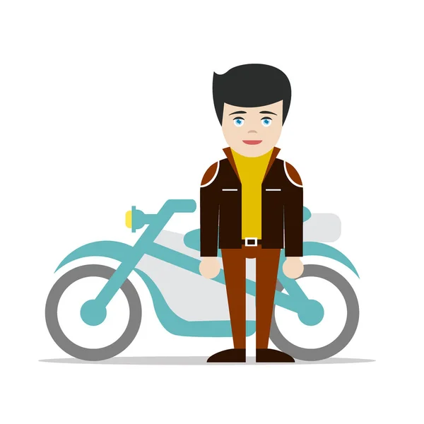 Lindo motociclista de dibujos animados con su motocicleta en estilo plano — Vector de stock