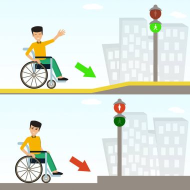 Şehir sokaklarında tekerlekli sandalyedeki genç adam