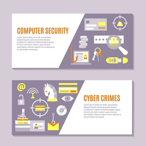 Set di banner orizzontali per hacking e crimini informatici — Vettoriale Stock