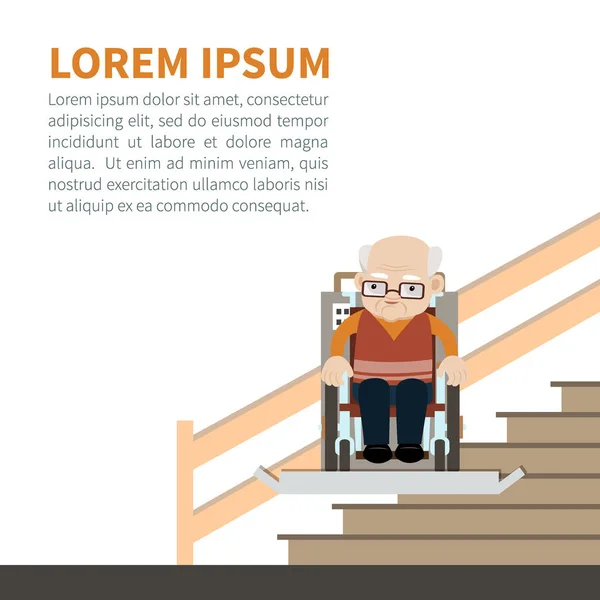 Een oude man in een rolstoel met een lift voor mensen met een handicap — Stockvector