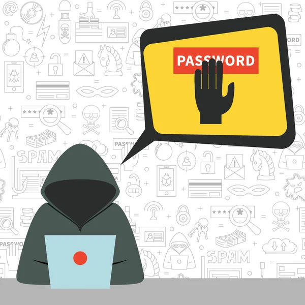 Hacker anônimo no laptop com bolha de fala —  Vetores de Stock