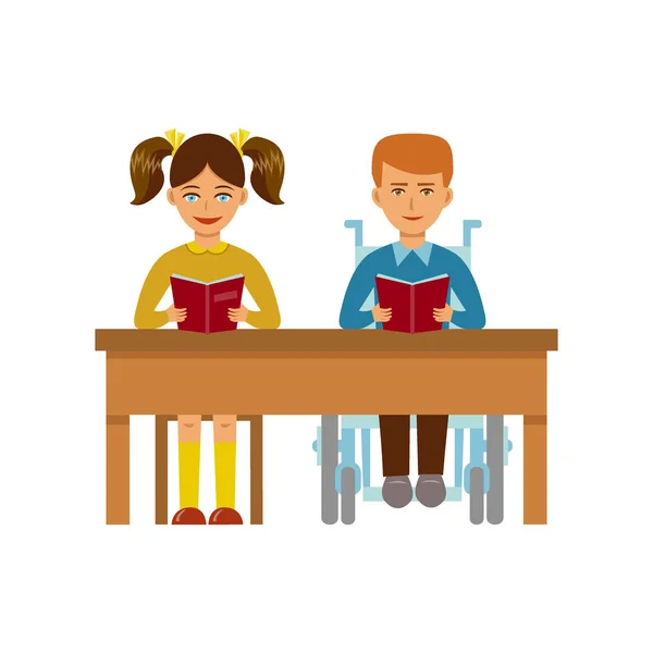 O fată și un băiat în scaun cu rotile studiind împreună — Vector de stoc
