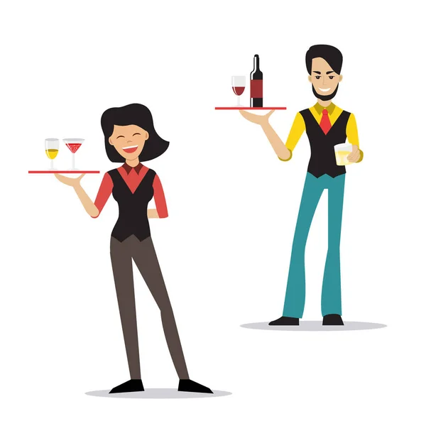 Un uomo e una donna che lavorano come camerieri e tengono vassoi con bevande — Vettoriale Stock