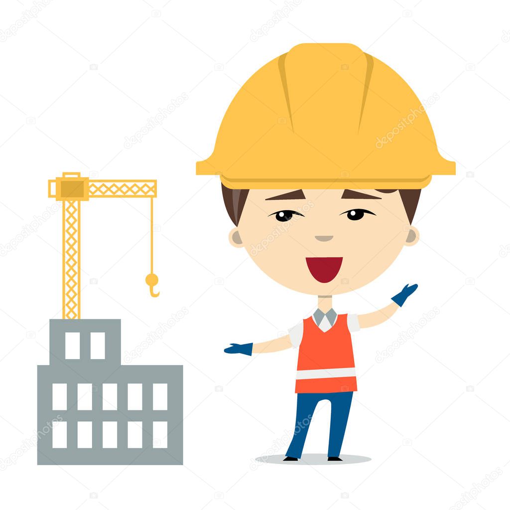 Funny cartoon builder near the building