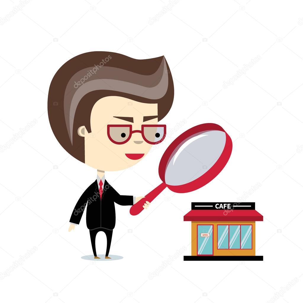 Businessman looks at the little cafe through a magnifying glass