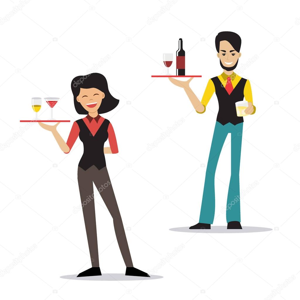 A man and a woman working as waitstaff and holding trays with drinks