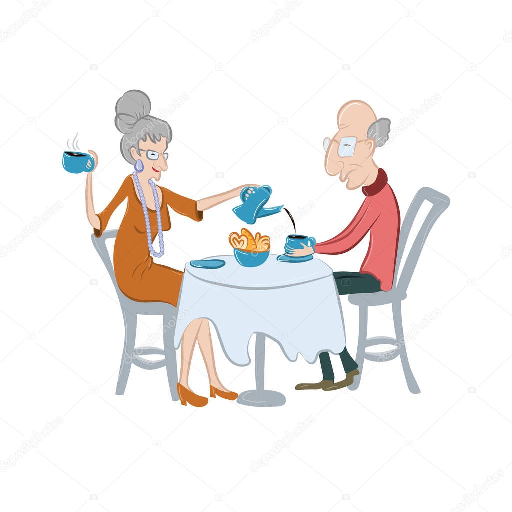 Lovely old couple enjoying coffee break or tea time