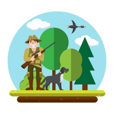 Bir adam bir tüfeği ve bir köpekle birlikte ördek avı