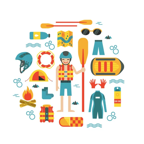 Illustration vectorielle avec rafting et matériel de camping en flat design — Image vectorielle