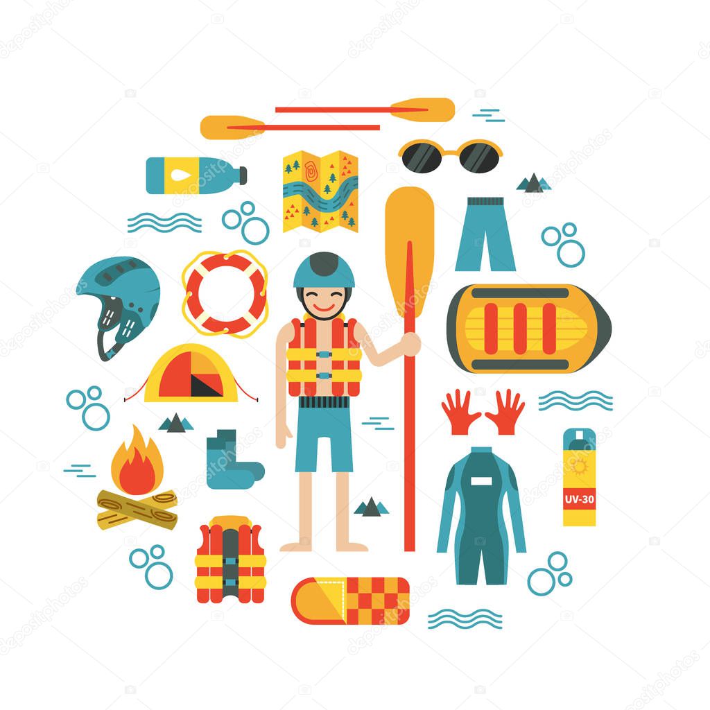 Vector illustration with rafting and camping equipment in flat design